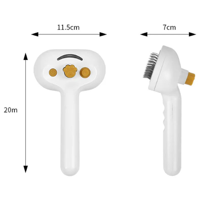 White pet grooming brush with steel teeth and built-in water tank for steam mist function