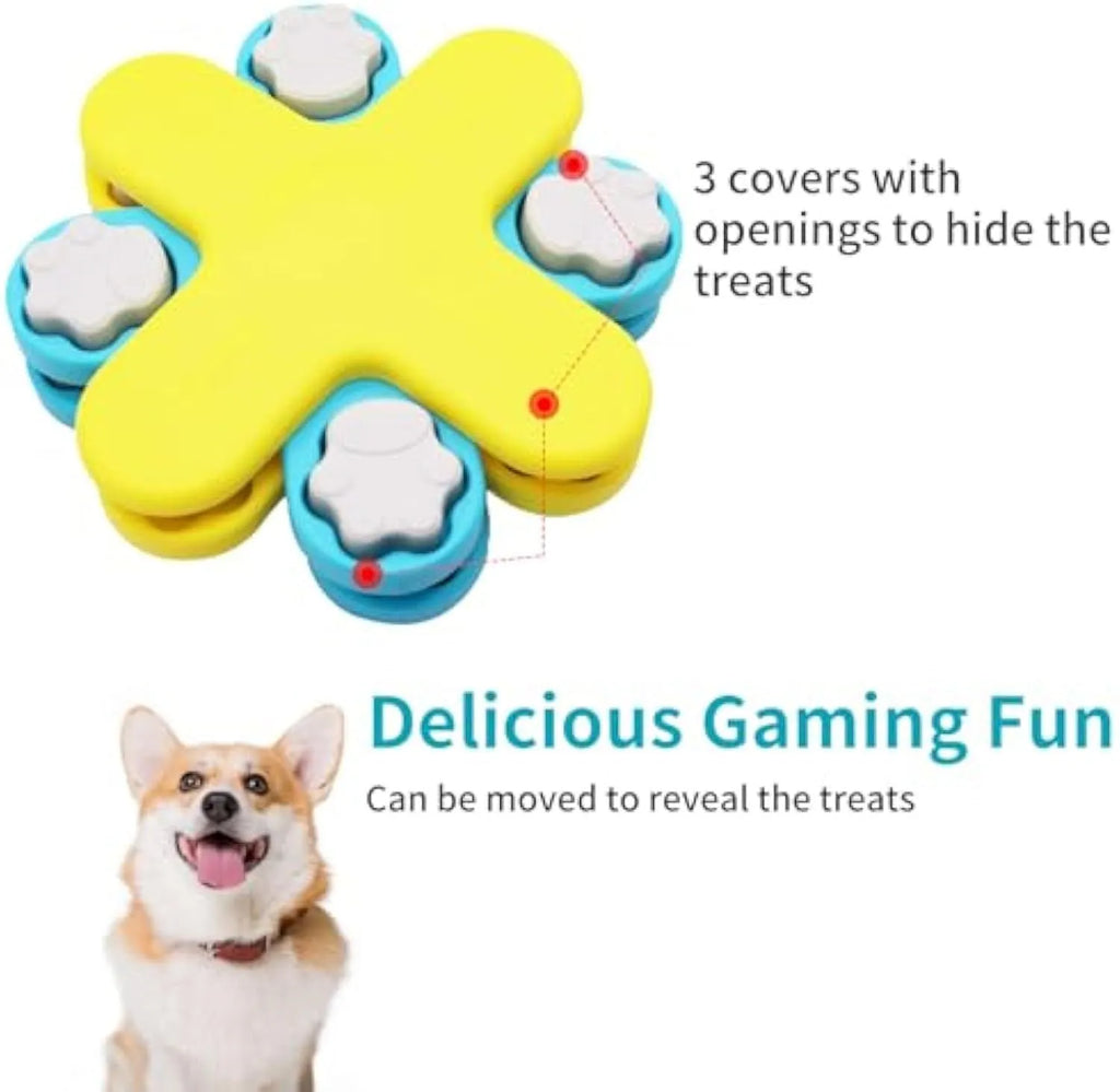 Yellow three-layer rotating dog puzzle slow feeder with claw-shaped lids on a non-slip base.