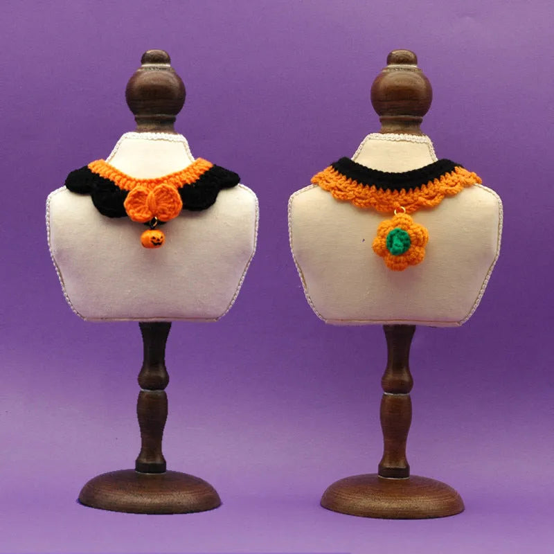 Hand-crocheted wool Halloween pet collar with pumpkin design in adjustable sizes for cats and dogs
