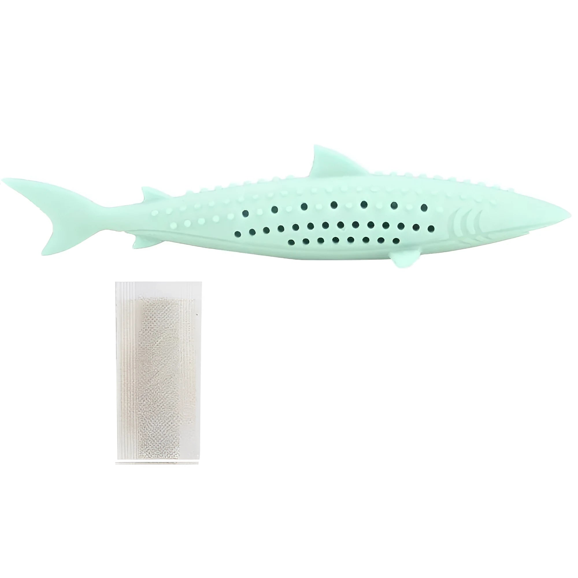 Green dolphin-shaped silicone cat chew toy with side holes on a white background
