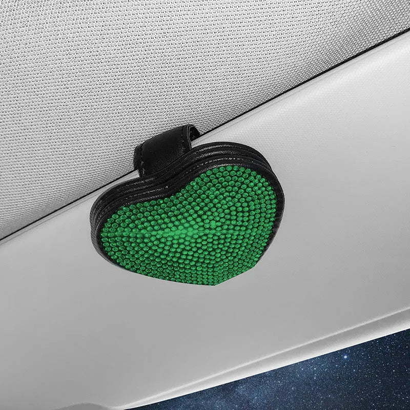 Diamond-encrusted PU leather car sun visor clip with magnetic closure for glasses and ticket storage