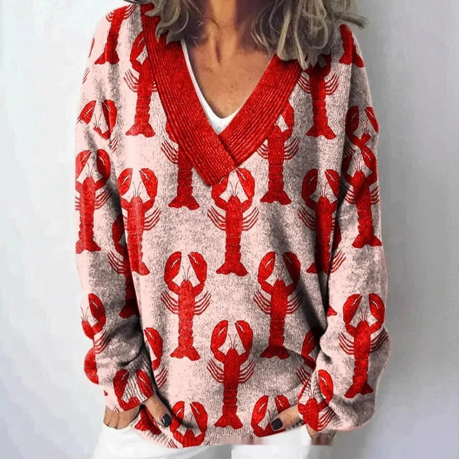 Women's long sleeve V-neck sweatshirt with a detailed 3D floral print in an art retro style.