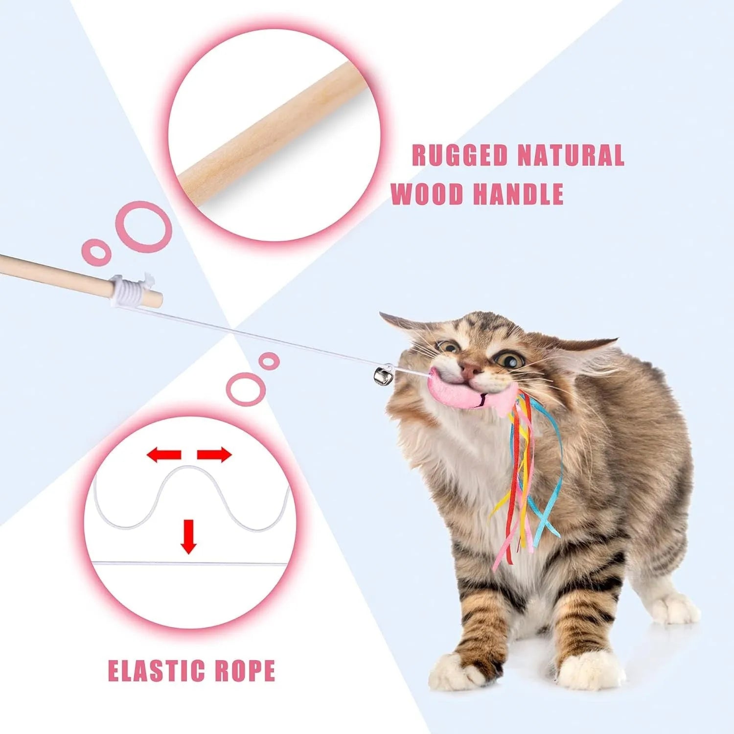 Blue cat wand toy with colourful ribbons, catnip fish, bell, and wooden handle for indoor cats.