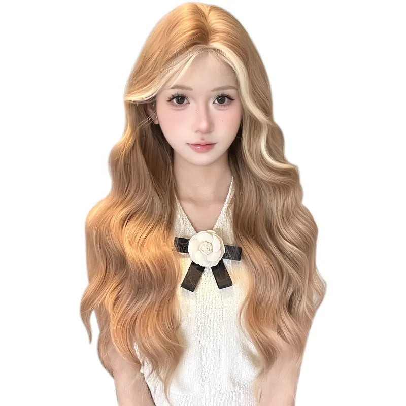 One-word lace long curly wig in American highlight gold colour with high-temperature fibre hair