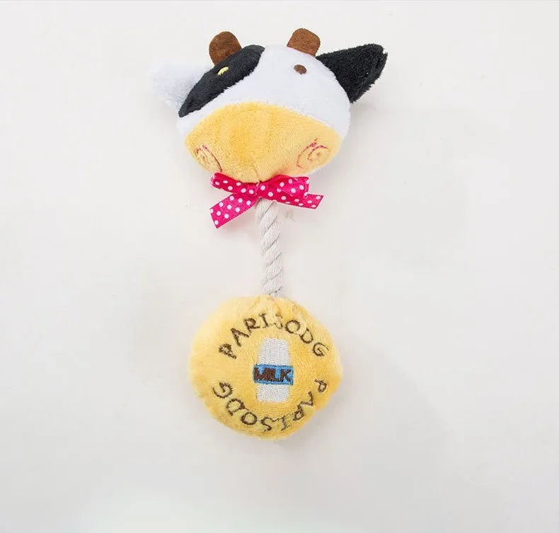 Animal shaped plush dog toy with cotton rope details and squeaker for chewing