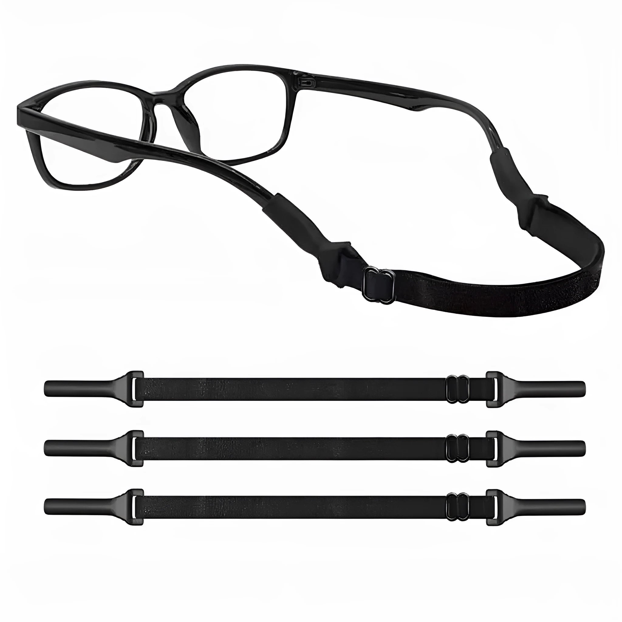 Black adjustable glasses cord with silicone ends for securing spectacles or sunglasses