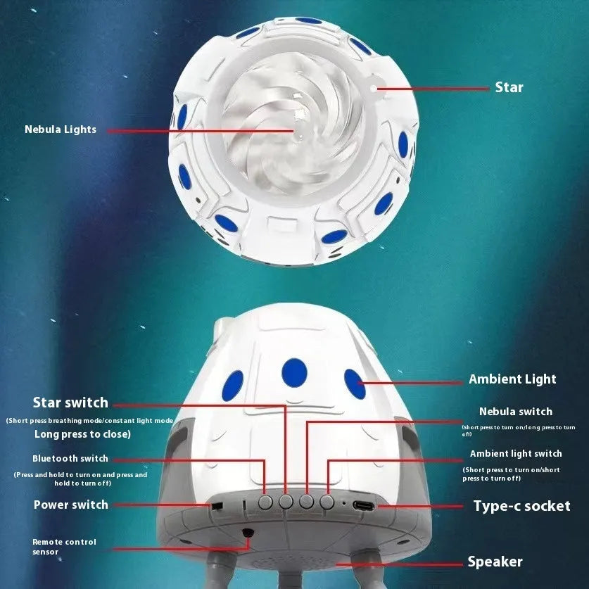 Tall white space capsule galaxy projection lamp with USB cable and remote control on a table.