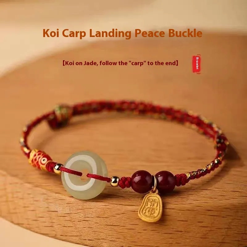 Hetian jade peace buckle bracelet showing 10mm geometric stones on braided rope with adjustable design