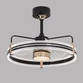 Modern overhead fan light with acrylic lampshade and black ABS fan blades, shown with remote control.