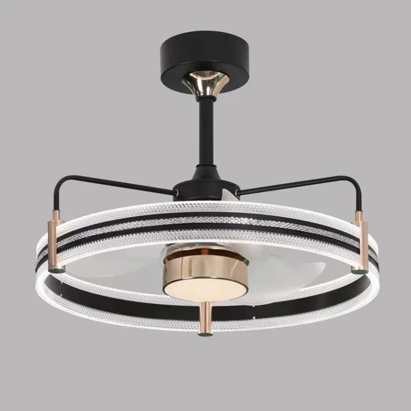 Modern overhead fan light with acrylic lampshade and black ABS fan blades, shown with remote control.