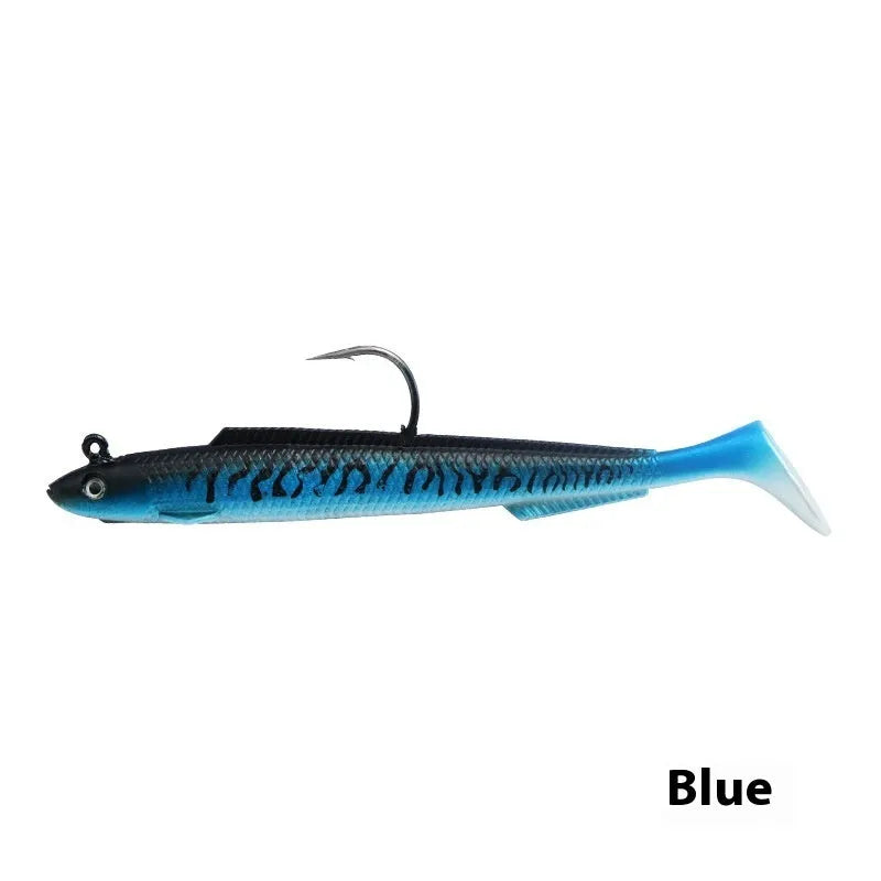 T-tail soft fish jig hook lure in blue colour, 15cm rubber artificial bait