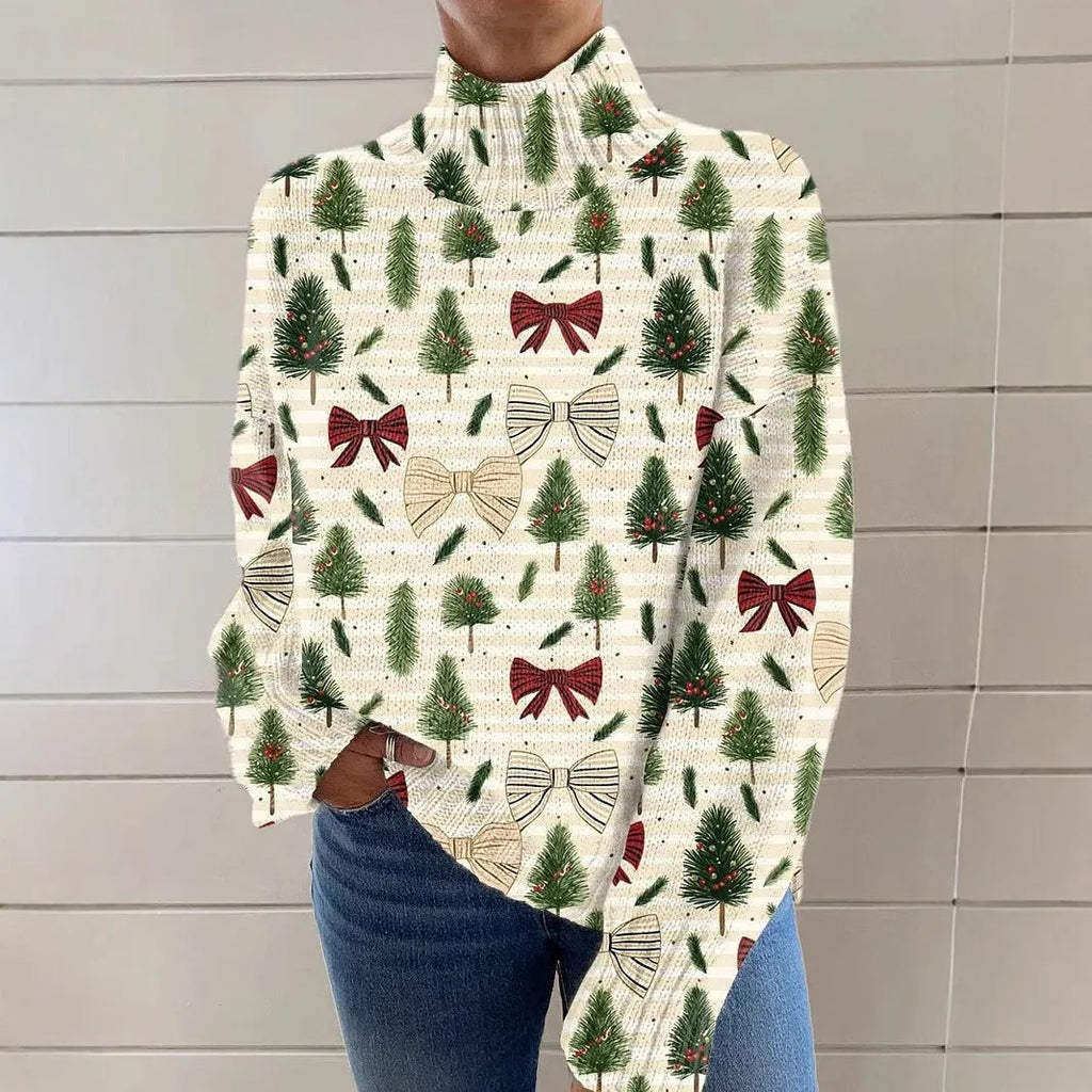 Women's loose fit Christmas printed turtleneck sweater in a macaron colour with a painting pattern design.