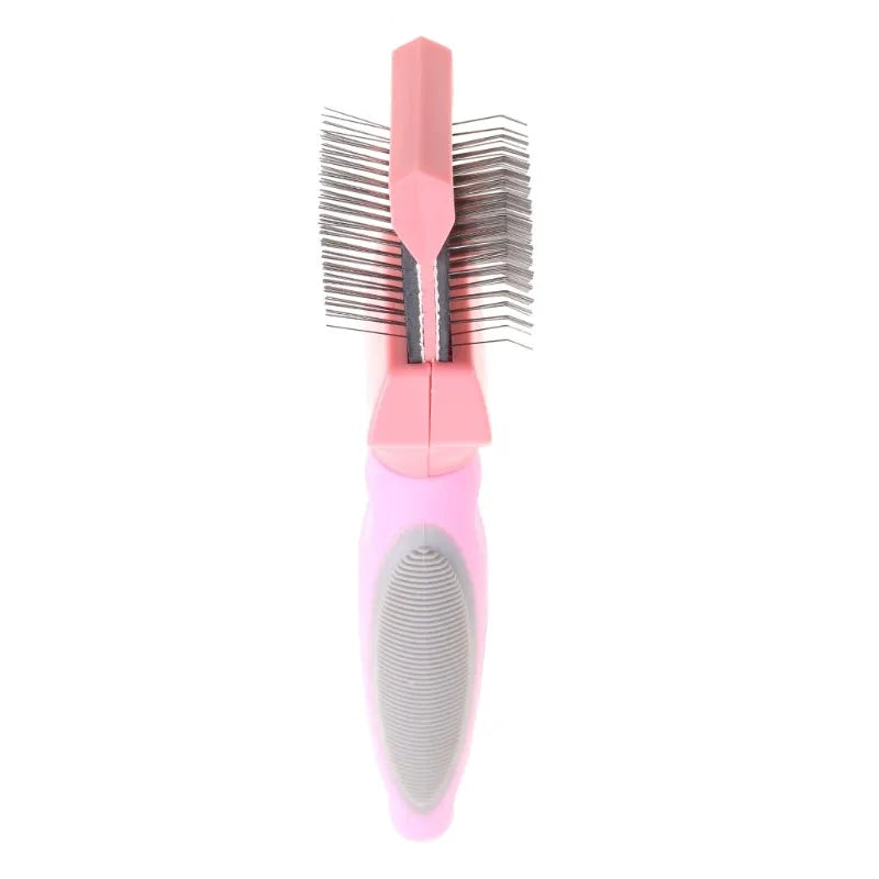 Blue and pink double-sided pet brush with stainless steel pins and ergonomic handle.