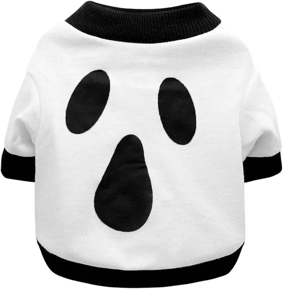 Orange dog sweatshirt with black skeleton print on a small dog, showing ribbed collar and cuffs.