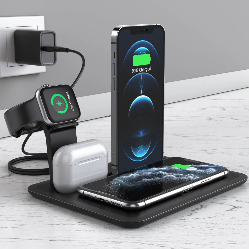 Black multifunction desktop wireless charger for phone, smartwatch and headphones on a wooden desk.