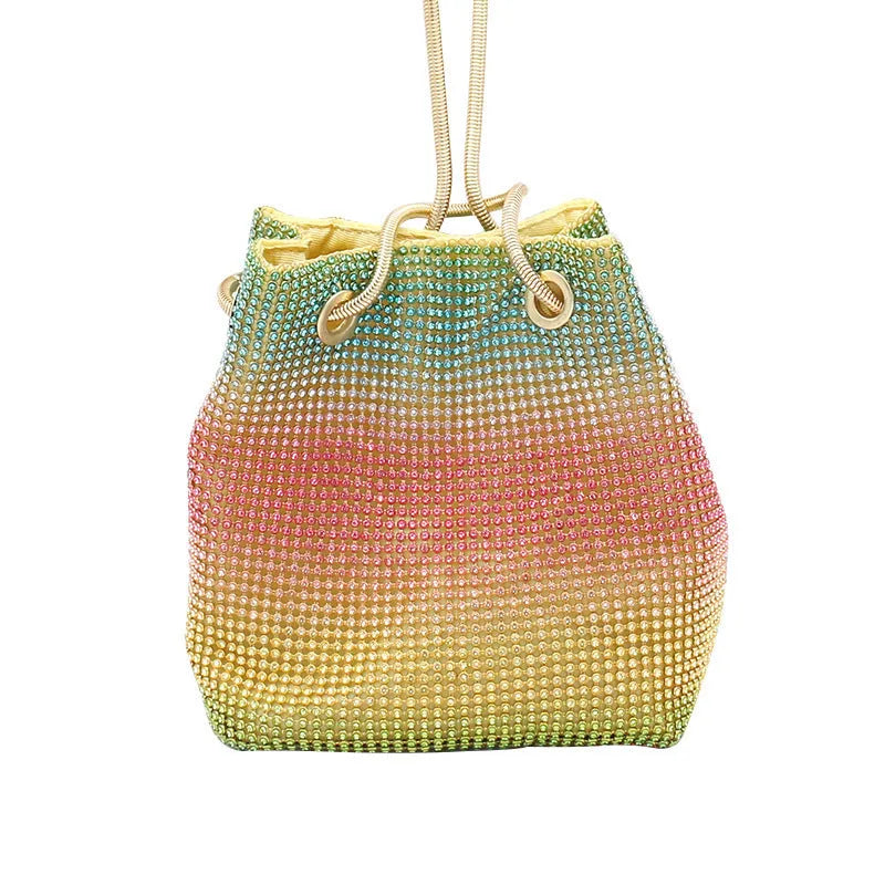 Colourful rainbow pattern rhinestone bucket bag with a soft texture.
