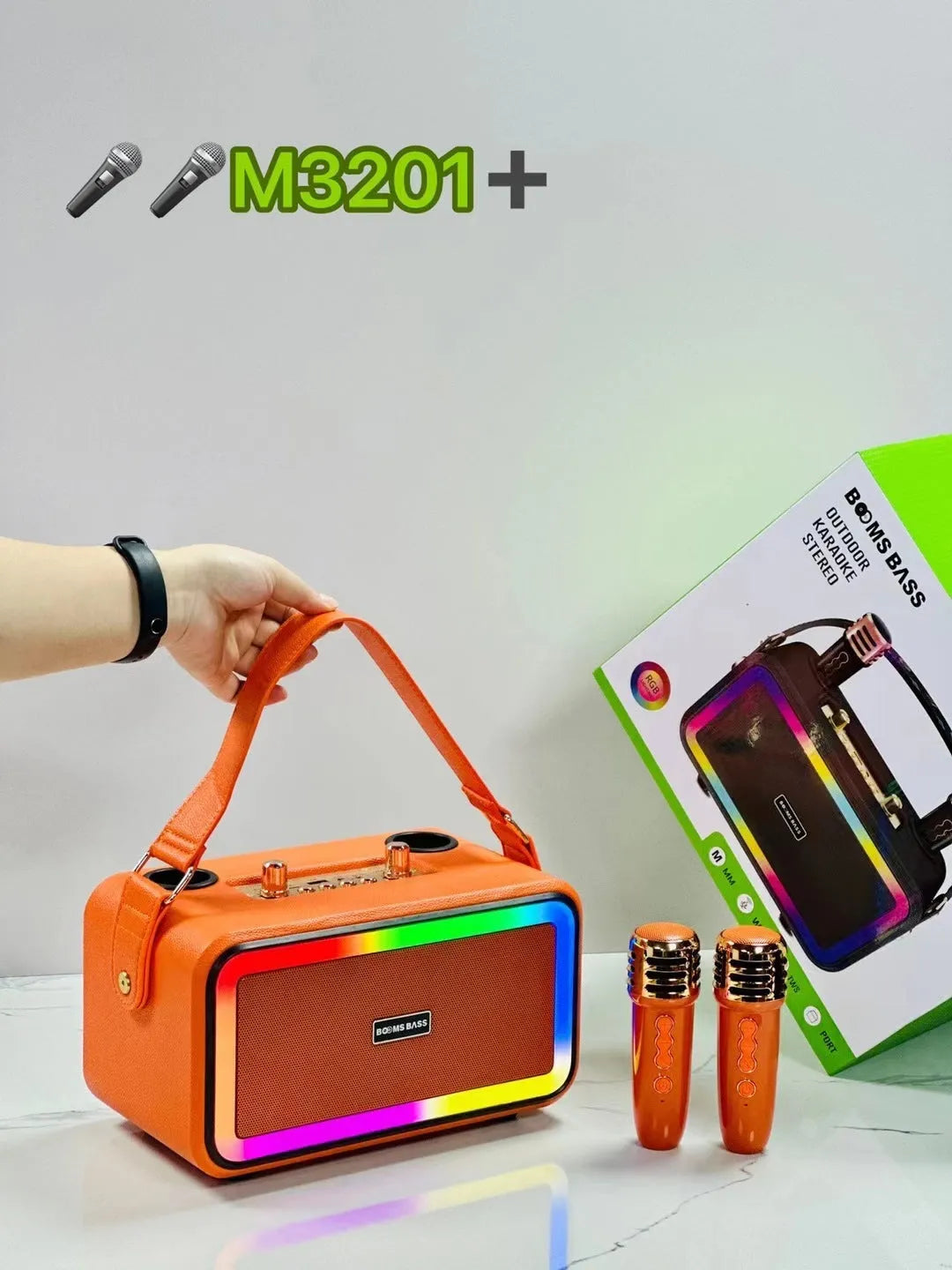 M3201 portable Bluetooth speaker with wireless microphones in black, dark brown, or orange red