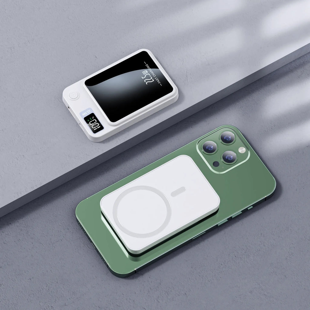 Wireless power bank with MagSafe charging in black, white, purple or green colour with industrial style plastic shell
