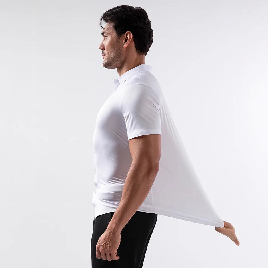 Men's light blue elastic short sleeve cardigan-style shirt laid flat