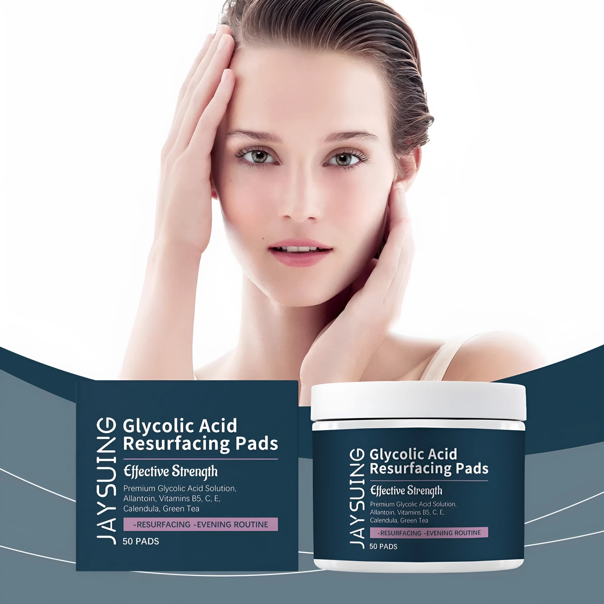 Glycolic acid facial exfoliating pads in container, 50 count with vitamin complex