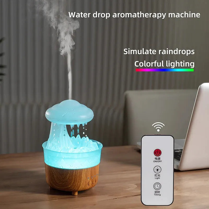 Rain cloud shaped humidifier with wood grain finish and LED night lights in column design