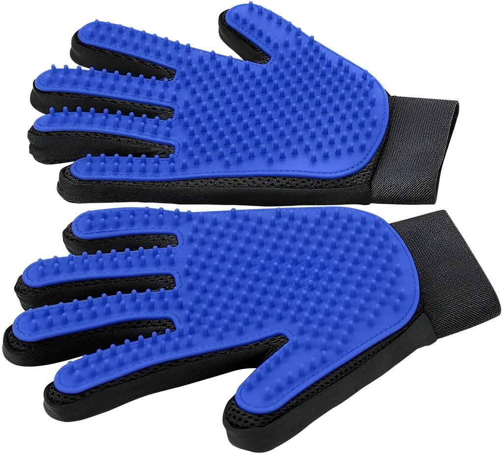 Blue pet grooming glove with silicone tips for removing hair from dogs and cats.
