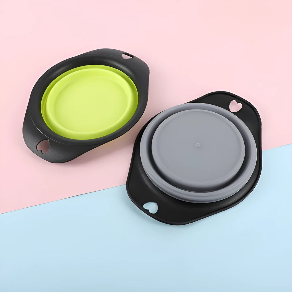 Black silicone pet bowl shown both folded flat and snapped open, next to a dog leash.