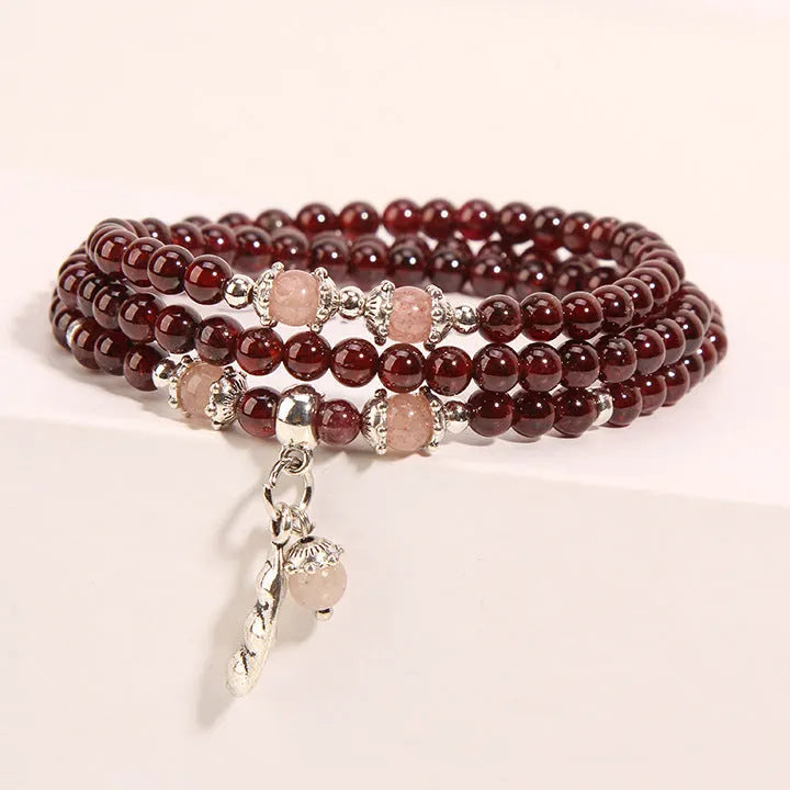 Wine red garnet crystal bracelet with flower shape design in bohemian ethnic style