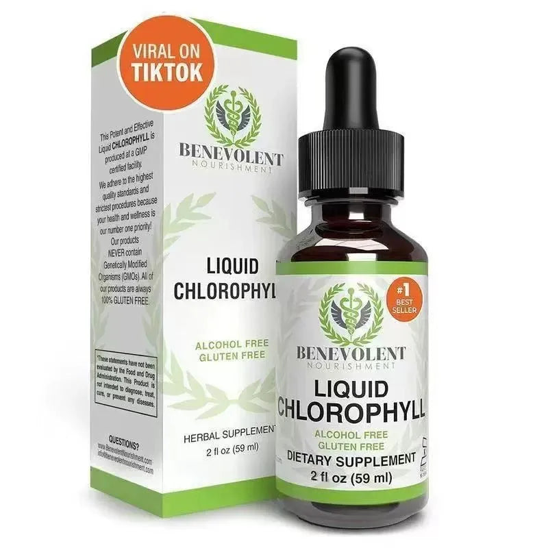 60ml bottle of liquid chlorophyll drops dietary supplement for adults.