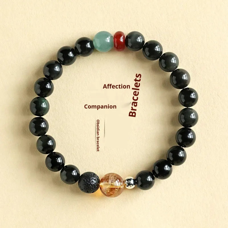 Chinese style obsidian yellow tower crystal and agate jade beaded bracelet shown in 8mm and 10mm bead sizes