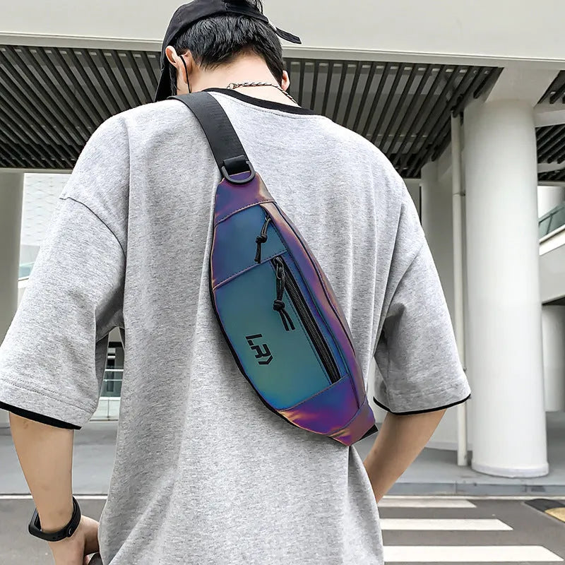 Blue and grey reflective cycling crossbody chest bag with open pockets