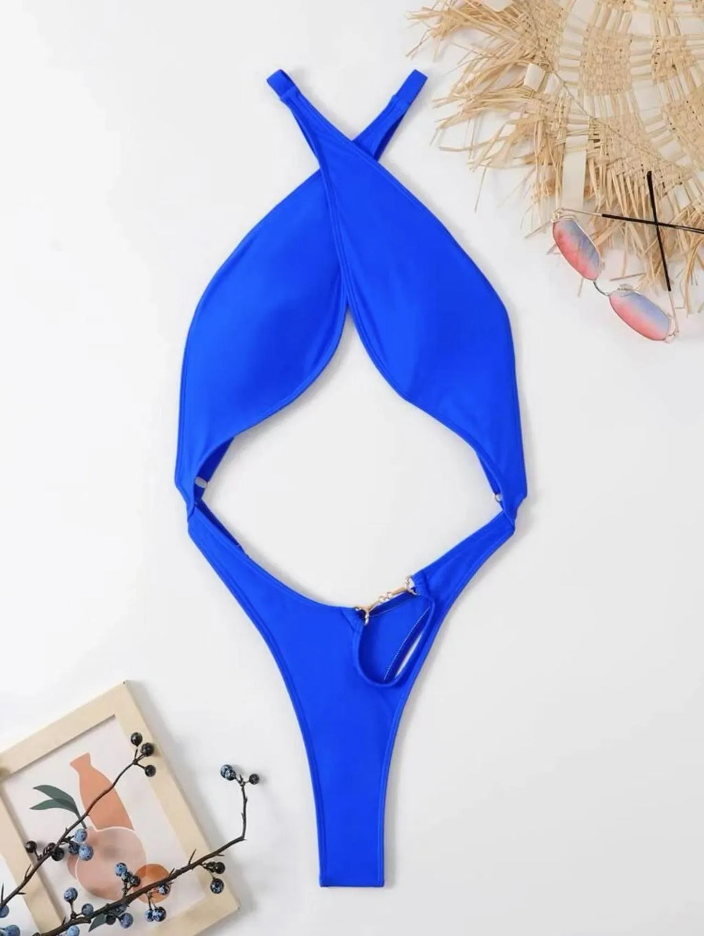 Women's solid colour one-piece swimsuit in blue or black polyester fabric