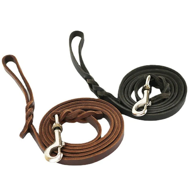Cow leather dog walking rope in light brown or black colour for medium large breed dogs