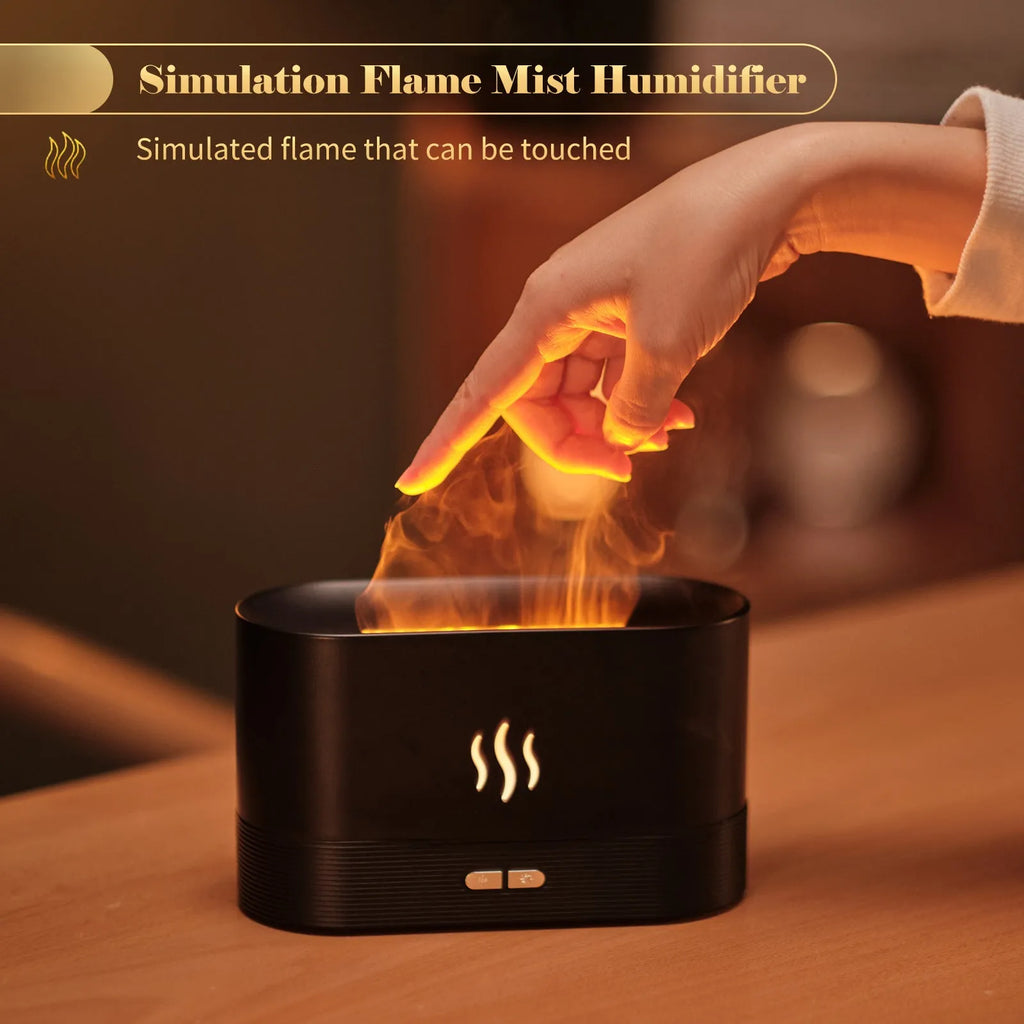 Square black ultrasonic aroma diffuser with flame LED effect and mist output