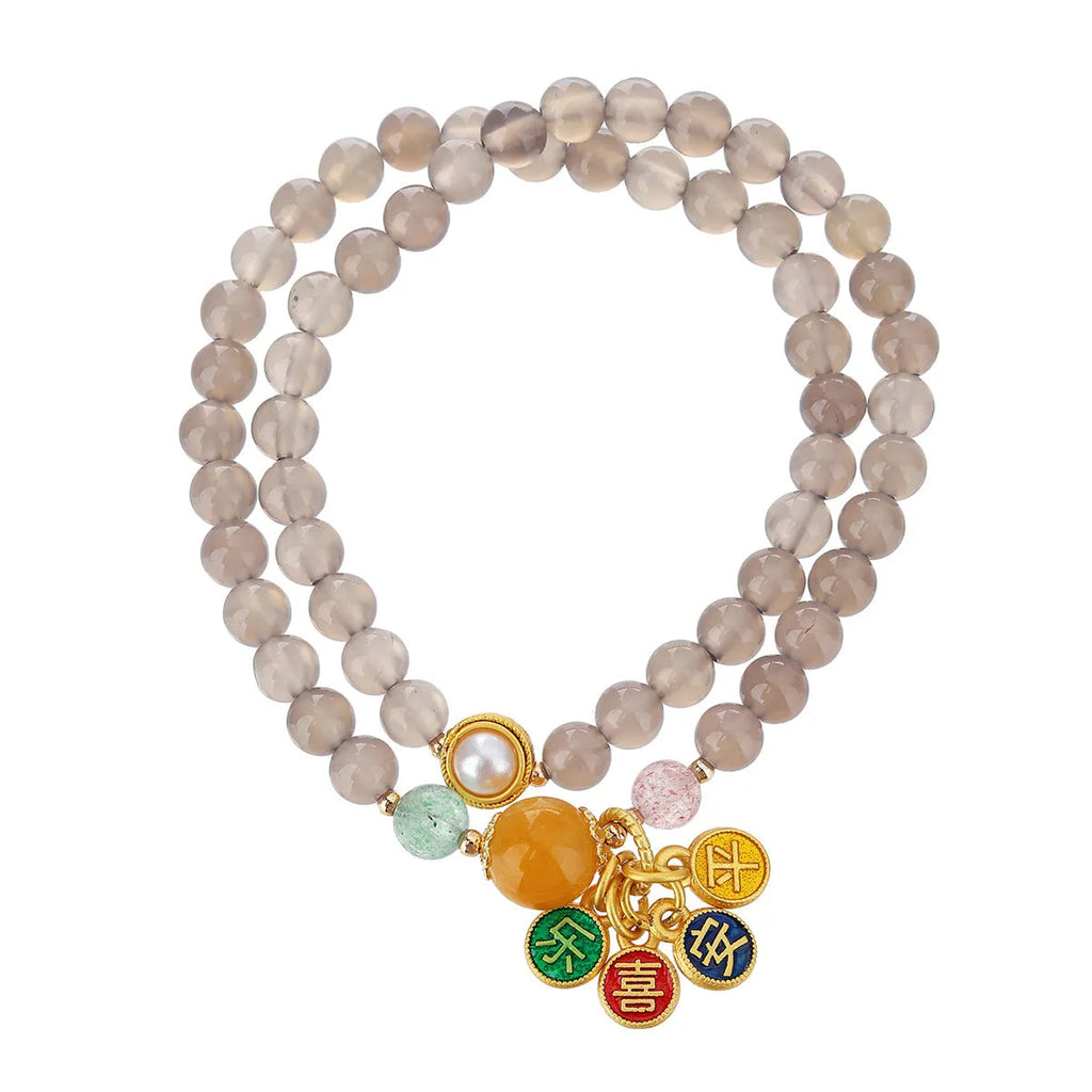 Natural grey agate women's bracelet with two-circle design and retro style