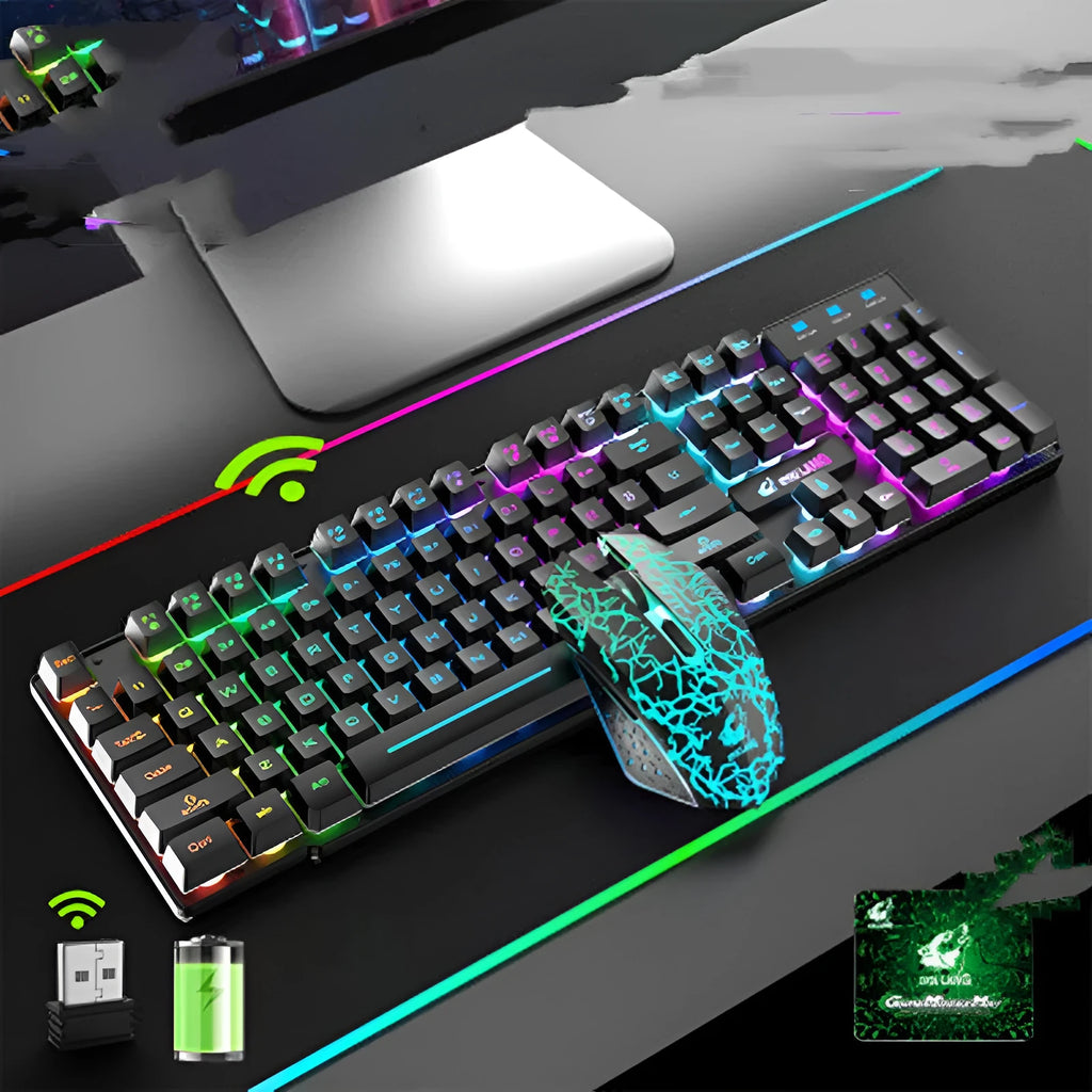 T3 wireless charging keyboard and mouse set in black rainbow, black orange, or white rainbow colour options.