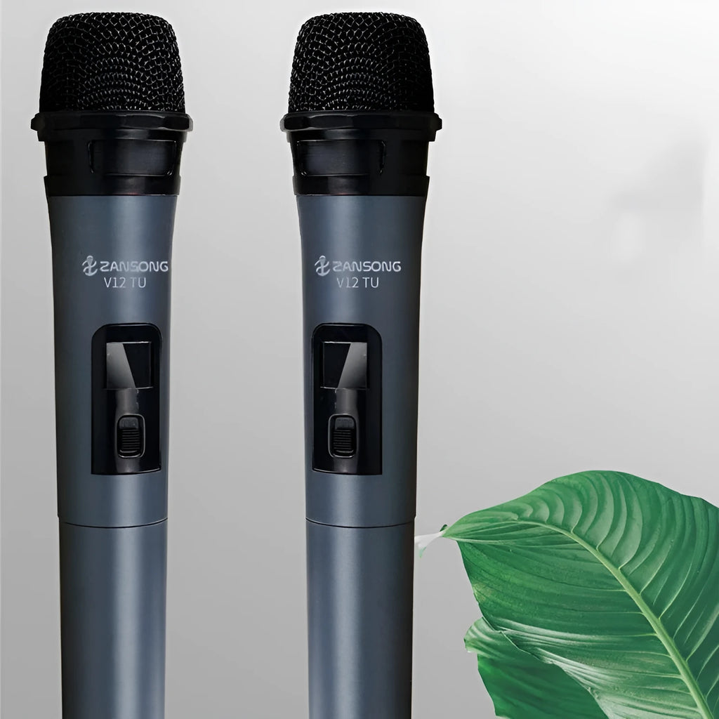 Black ZANSONG V12 dynamic wired microphone with cable, USB receiver, and audio adapter.