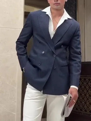 Men's striped double-breasted polyester blazer shown in regular fit for daily wear
