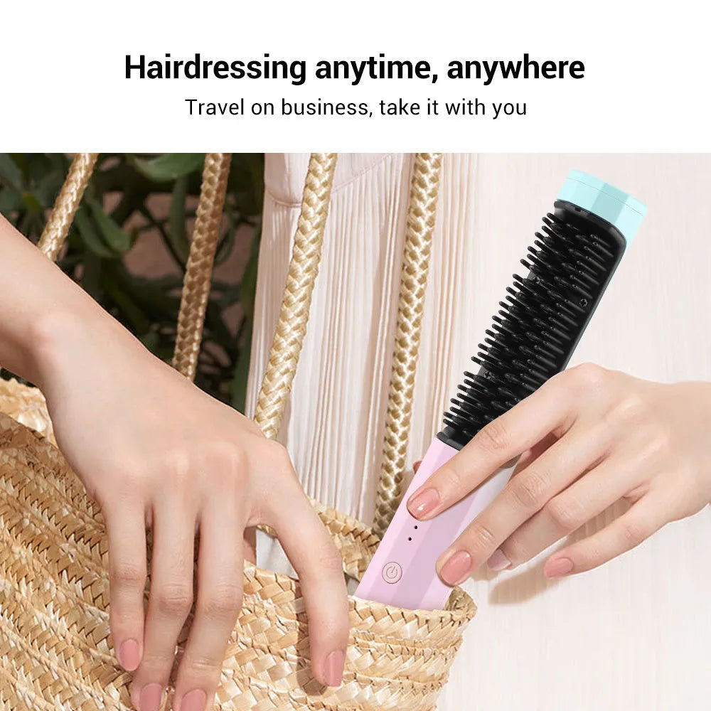Pink cordless straightening comb with USB charging port and heat-protected comb teeth