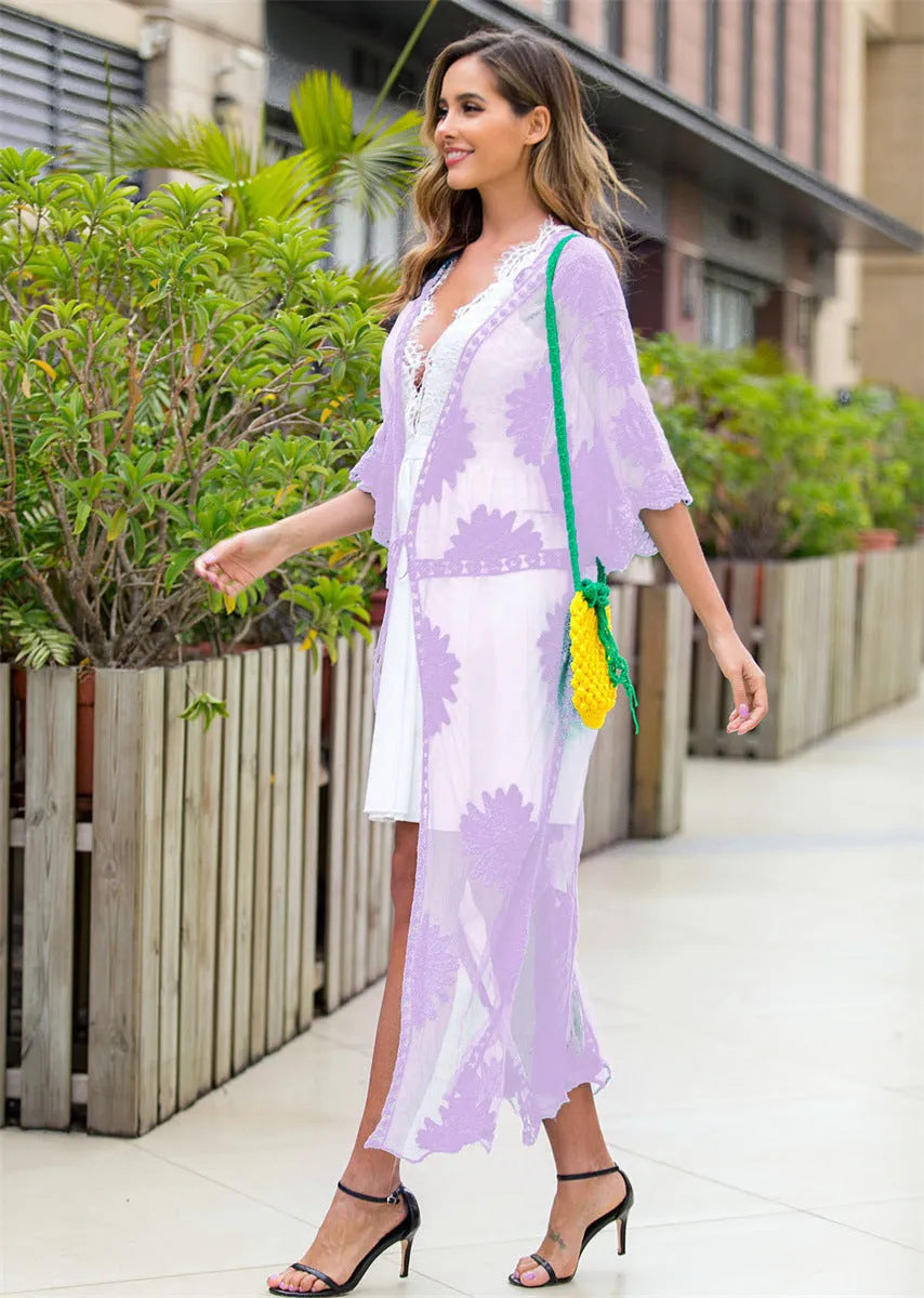 Light purple lace embroidery beach dress cover-up with free size for women