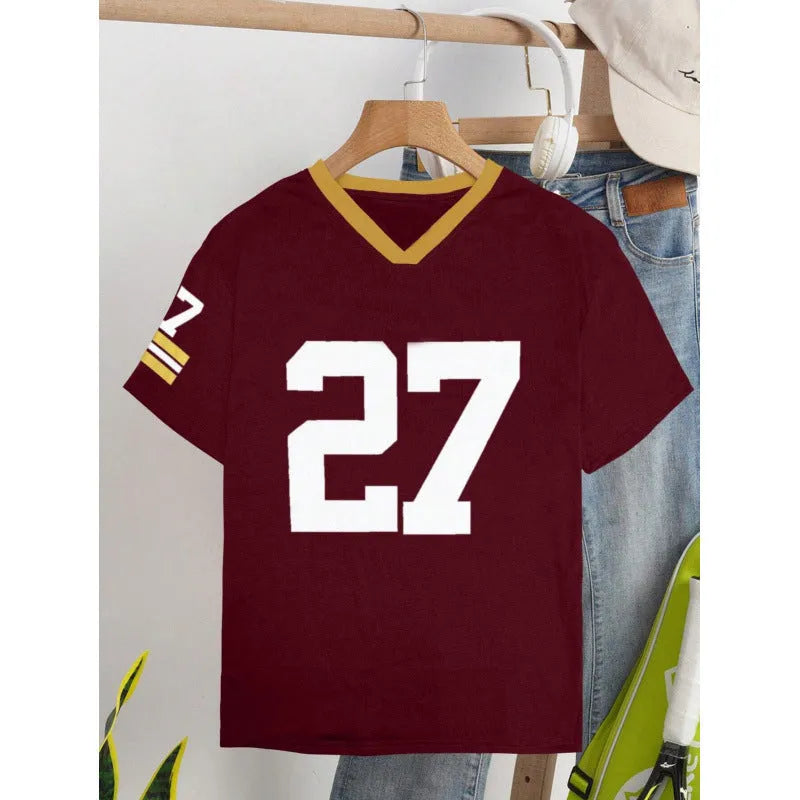 Red loose fit cotton t-shirt with white digital letter printing, short sleeve casual design