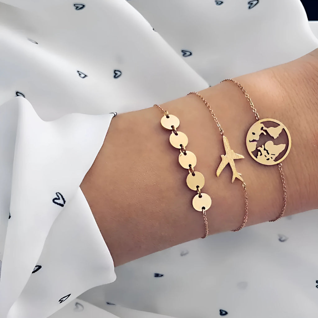 Three heart-shaped aircraft map charm bracelets with electroplated finish in bohemian style