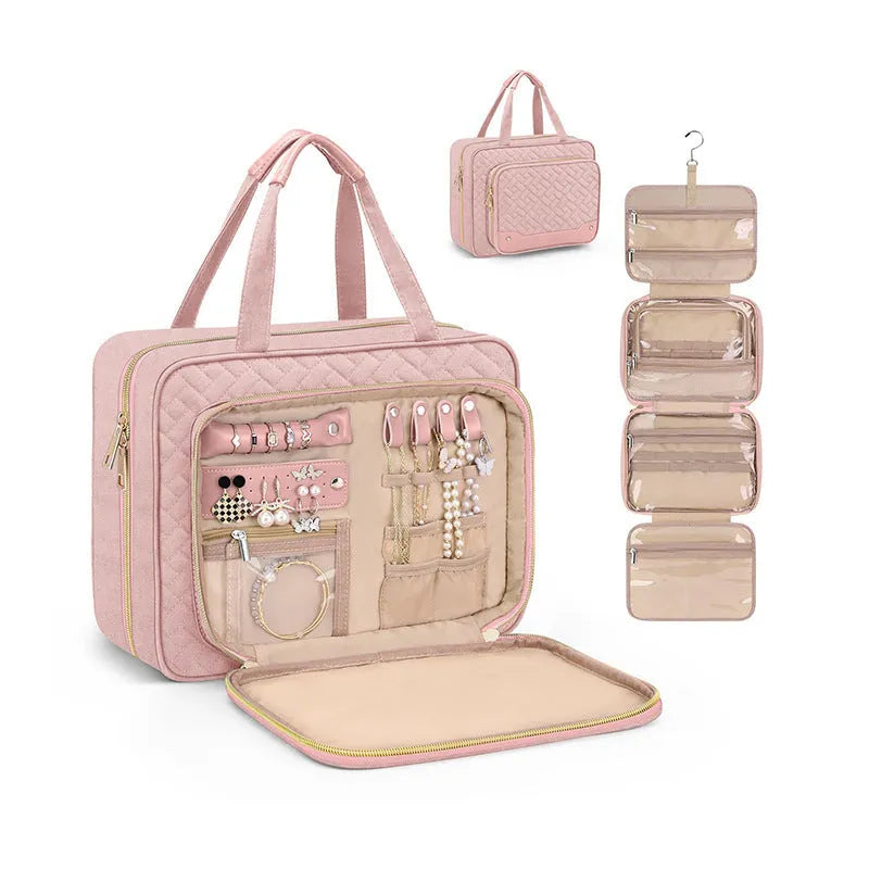 Black or pink waterproof hanging cosmetic bag with dimensions 30.5cm wide by 11cm deep by 22.9cm tall