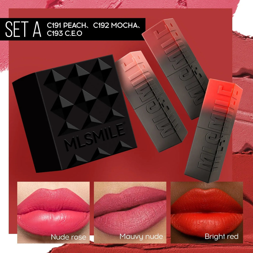 MLSMILE three embossed lipsticks in rose gold cases with decorative design