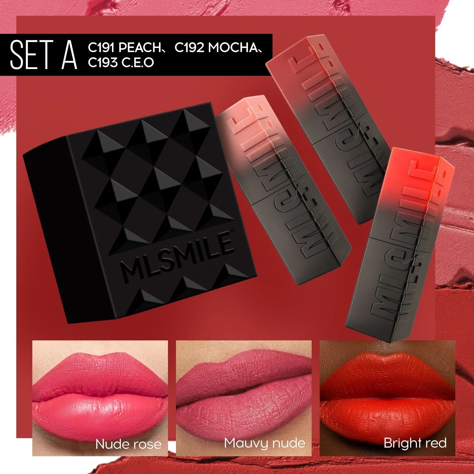 MLSMILE three embossed lipsticks in rose gold cases with decorative design