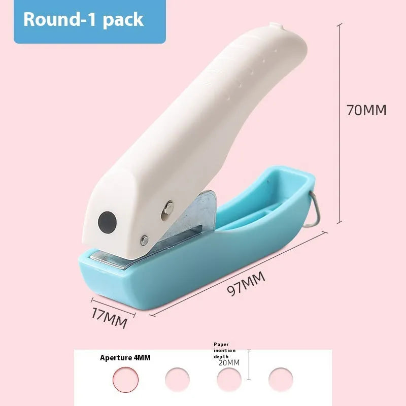 Manual kindergarten pattern punching machine showing 4mm embossing heads for love, star, and round shapes.
