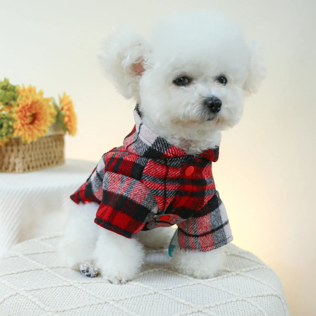 Red plaid dog trench coat for winter wear with size measurements displayed