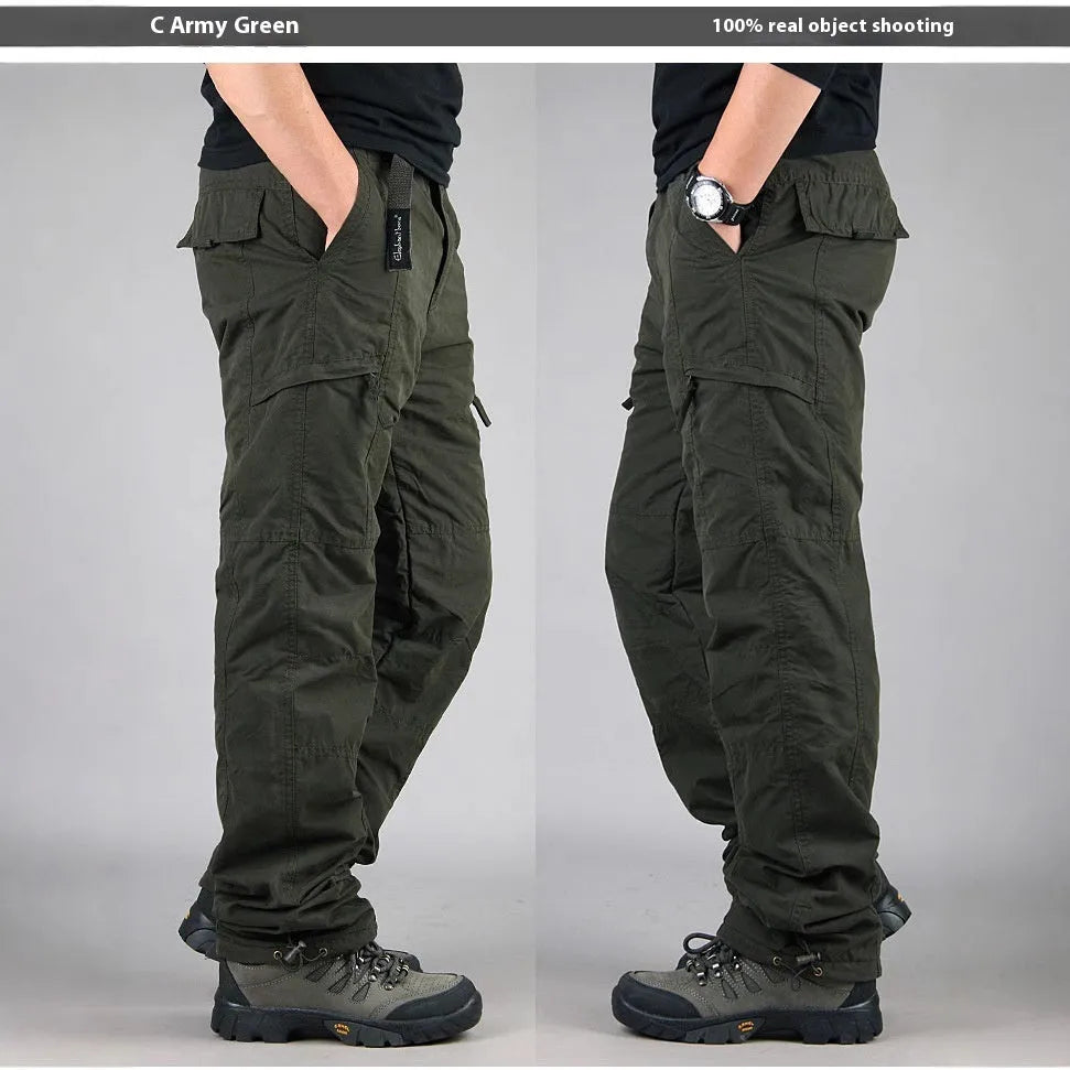 Men's thick cotton overalls with velvet lining in khaki colour showing loose fit and straight leg design