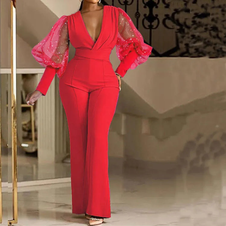 Women's mesh stitch jumpsuit with wide legs and long sleeves in polyester fabric