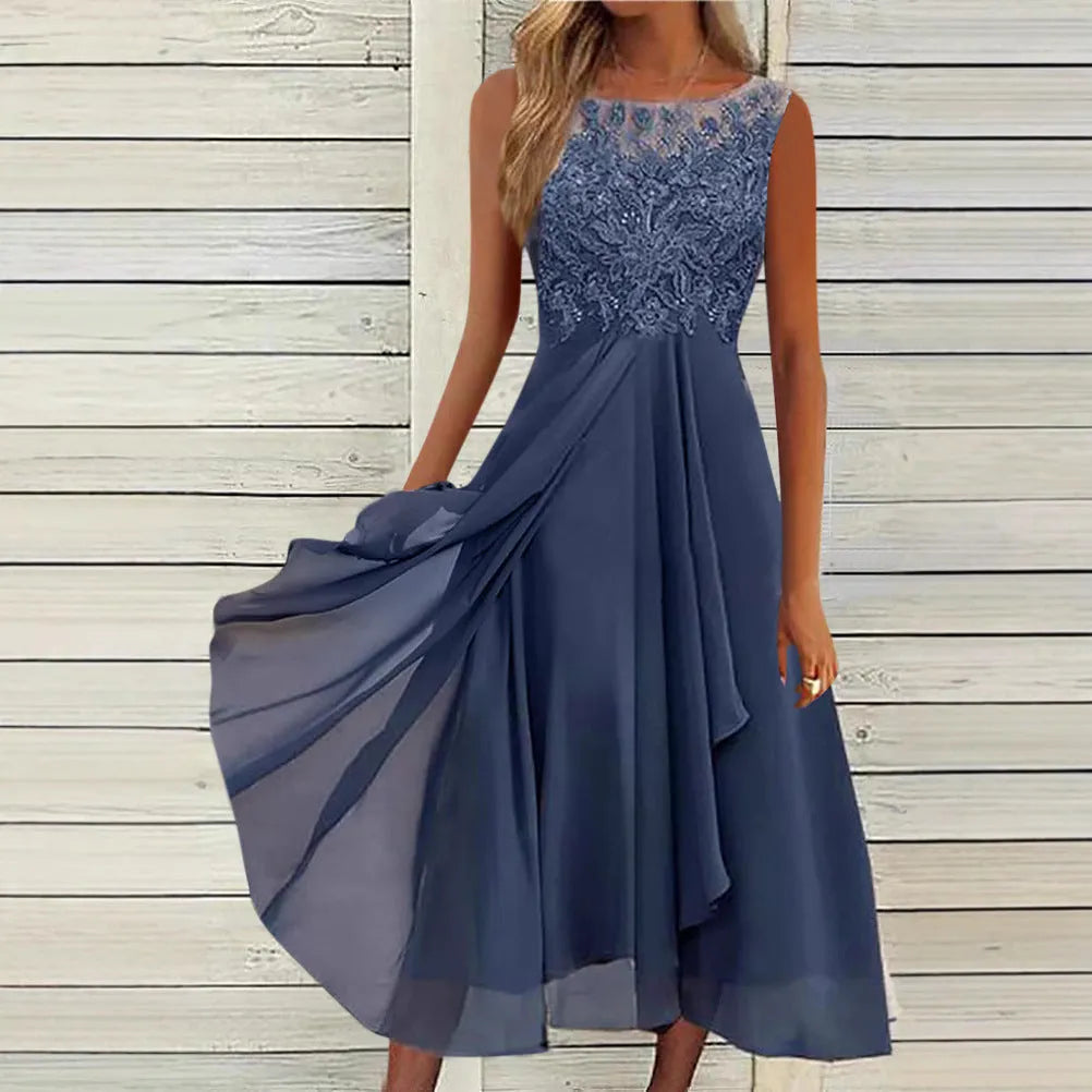 Women's sleeveless green chiffon dress with lace stitching and a mid-length skirt.